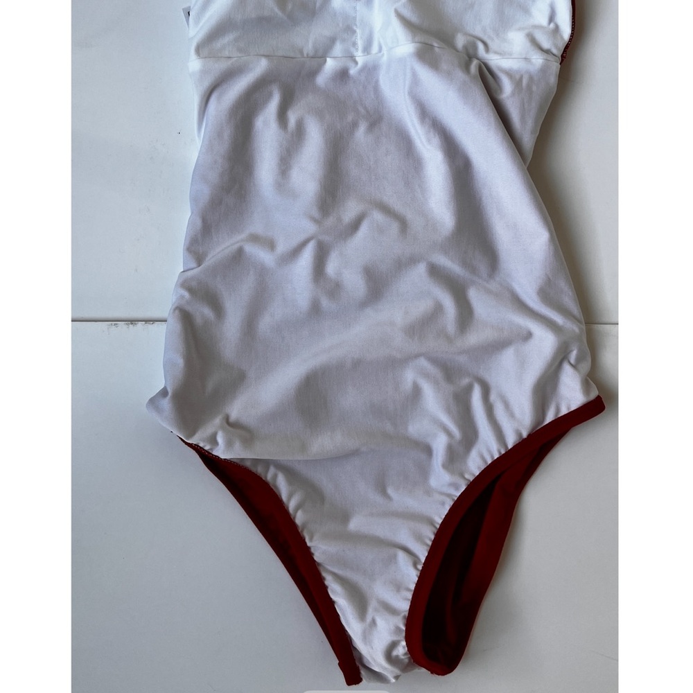 Venus One Piece Swimsuit Red w/ Gold Accents Strappy Back Sz 8 - Picture 3 of 7